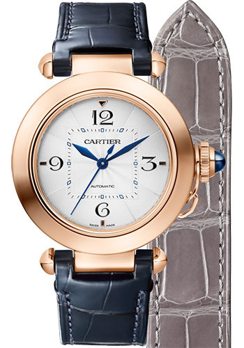 Cartier Pasha de Cartier Watch - 35 mm Pink Gold Case - Silver Dial - Navy Blue And Gray Alligator Straps
