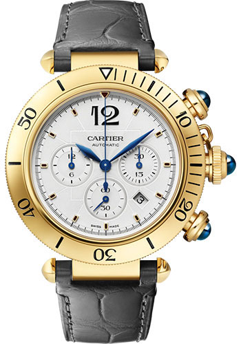 Cartier Pasha de Cartier Watch - 41 mm Yellow Gold Case - Silvered Dial - Dark Gray Leather Strap