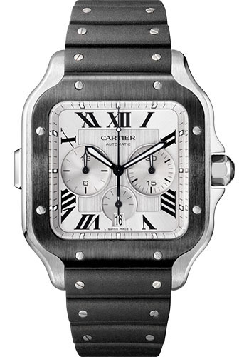 Cartier Santos de Cartier Chronograph Watch - 43.3 mm Steel And Adlc Case - Silver Dial - Both Bracelet
