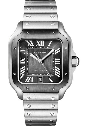 Cartier Santos de Cartier Watch - 39.8 mm Steel Case - Gray Dial - Bracelet - Second Strap