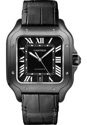 Cartier Santos de Cartier Watch - 39.8 mm Steel And Adlc Case - Black Dial - Both Bracelet - Rubber Strap