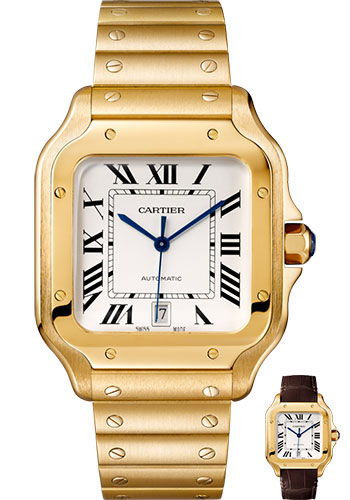 Cartier Santos de Cartier Watch - 39.8 mm Yellow Gold Case - Silvered Dial - Allilgator Strap