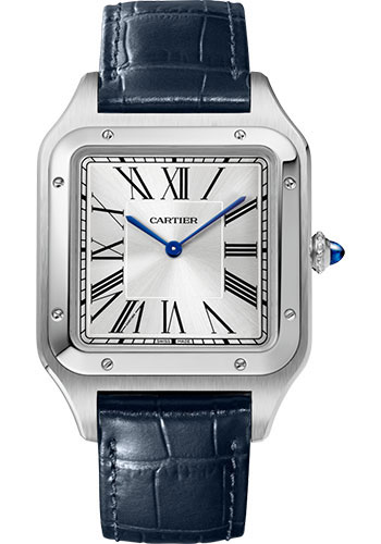 Cartier Santos-Dumont Watch - 46.6 mm x 33.9 mm Steel Case - Silver Dial - Navy Blue Leather Strap