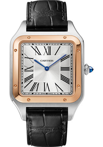 Cartier Santos-Dumont Watch - 46.6 mm x 33.9 mm Steel Case - Pink Gold Bezel - Silver Dial - Black Leather Strap