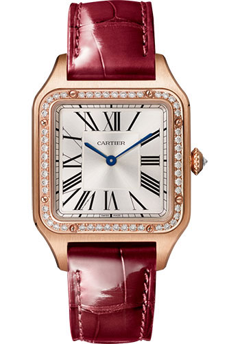 Cartier Santos-Dumont Watch - 43.5 mm x 31.4 mm Pink Gold Case - Silver Satin-Brushed Dial - Bordeaux Leather Strap
