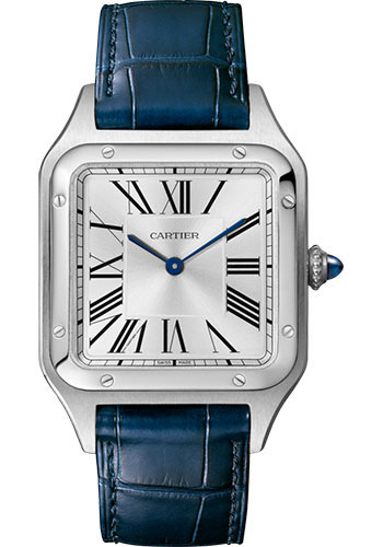Cartier Santos-Dumont Watch - 43.5 mm Steel Case - Silver Dial - Navy Blue Strap