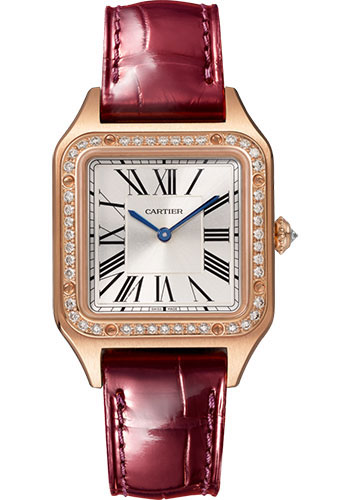Cartier Santos-Dumont Watch - 38 mm x 27.5 mm Pink Gold Case - Silver Satin-Brushed Dial - Burgundy Leather Strap