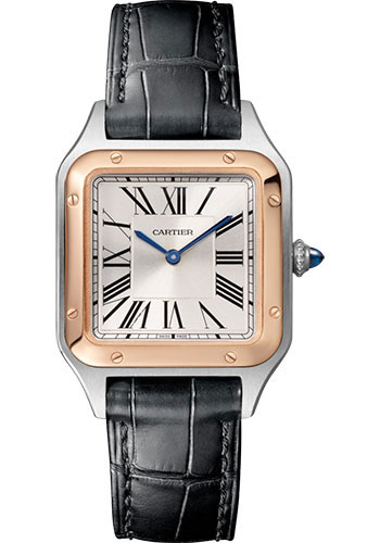 Cartier Santos-Dumont Watch - 38 mm Pink Gold And Steel Case - Silver Dial - Black Strap