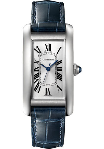 Cartier Tank Américaine Watch - 41.60 mm x 22.60 mm Steel Case - Silver Dial - Navy Blue Leather Strap