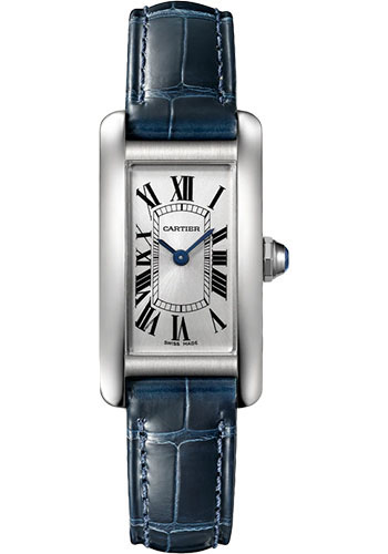 Cartier Tank Américaine Watch - 34.80 mm x 19.00 mm Steel Case - Silver Dial - Navy Blue Leather Strap