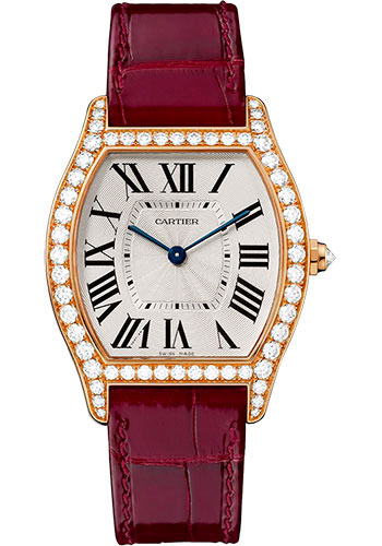 Cartier Tortue Watch - 39 mm Pink Gold Diamond Case - Bordeaux Alligator Strap