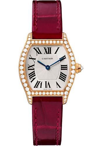 Cartier Tortue Watch - 30 mm Pink Gold Diamond Case - Bordeaux Alligator Strap
