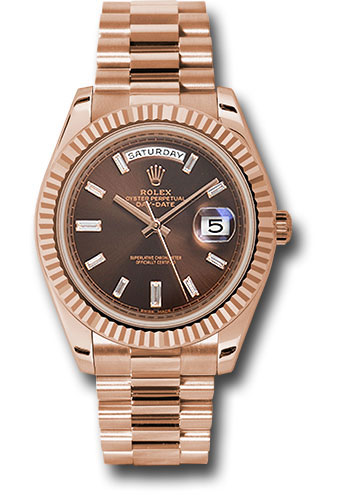 Rolex Everose Gold Day-Date 40 Watch - Fluted Bezel - Chocolate Baguette Diamond Dial - President Bracelet