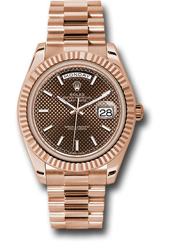 Rolex Everose Gold Day-Date 40 Watch - Fluted Bezel - Chocolate Diagonal Motif Index Dial - President Bracelet