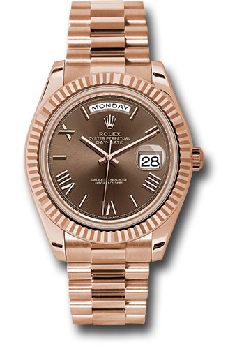 Rolex Everose Gold Day-Date 40 Watch - Fluted Bezel - Chocolate Bevelled Roman Dial - President Bracelet