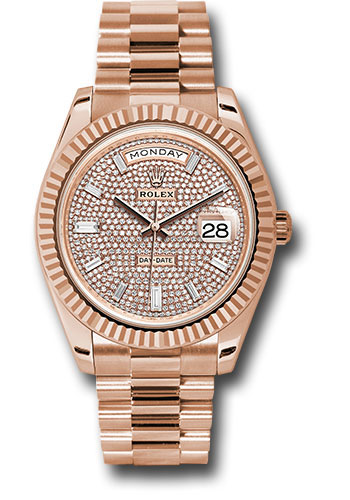 Rolex Everose Gold Day-Date 40 Watch - Fluted Bezel - Diamond Paved Dial - President Bracelet