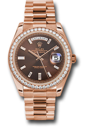 Rolex Everose Gold Day-Date 40 Watch - Everose Gold Bezel - Chocolate Baguette Diamond Dial - President Bracelet