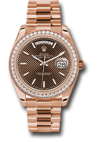 Rolex Everose Gold Day-Date 40 Watch - Everose Gold Bezel - Chocolate Diagonal Motif Index Dial - President Bracelet