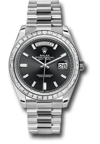Rolex 950 Platinum Day-Date 40 Watch - Bezel - Black Baguette Diamond Dial - President Bracelet