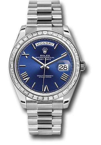Rolex 950 Platinum Day-Date 40 Watch - Bezel - Blue Bevelled Roman Dial - President Bracelet