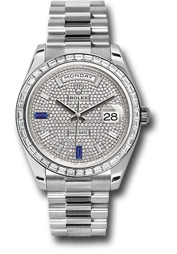 Rolex Platinum Day-Date 40 Watch - Diamond Bezel - Diamond And Sapphire Paved Diamond Dial - President Bracelet