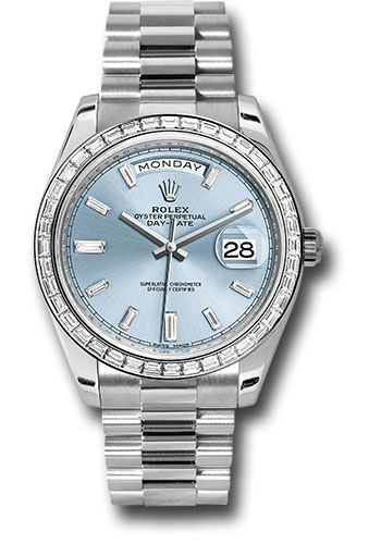 Rolex 950 Platinum Day-Date 40 Watch - Bezel - Ice Blue Baguette Diamond Dial - President Bracelet