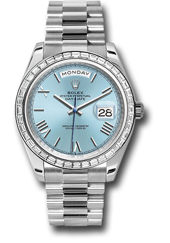 Rolex Platinum Day-Date 40 Watch - Diamond Bezel - Ice Blue Roman Dial - President Bracelet