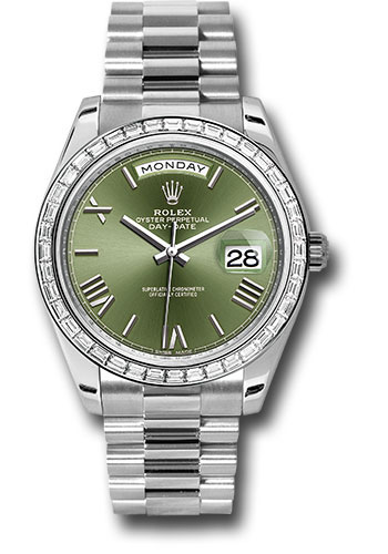 Rolex 950 Platinum Day-Date 40 Watch - Bezel - Olive Green Bevelled Roman Dial - President Bracelet