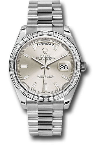 Rolex 950 Platinum Day-Date 40 Watch - Bezel - Silver Baguette Diamond Dial - President Bracelet