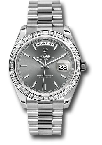 Rolex Platinum Day-Date 40 Watch - Diamond Bezel - Slate Index Dial - President Bracelet
