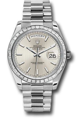 Rolex 950 Platinum Day-Date 40 Watch - Bezel - Silver Strip Motif Index Dial - President Bracelet