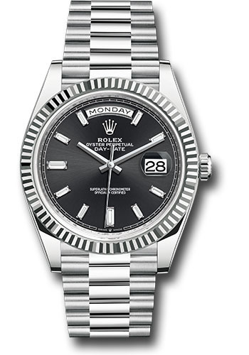 Rolex Platinum Day-Date 40 Watch - Fluted Bezel - Bright Black Dial - President Bracelet