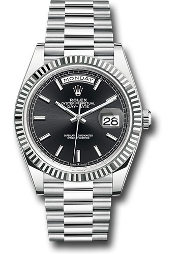 Rolex Platinum Day-Date 40 Watch - Fluted Bezel - Bright Black Index Dial - President Bracelet
