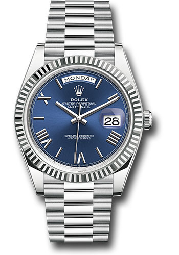 Rolex Platinum Day-Date 40 Watch - Fluted Bezel - Bright Blue Roman Dial - President Bracelet