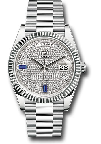 Rolex Platinum Day-Date 40 Watch - Fluted Bezel - Diamond And Sapphire Paved Diamond Dial - President Bracelet
