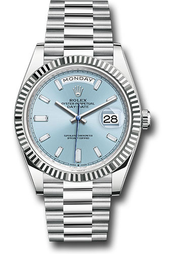 Rolex Platinum Day-Date 40 Watch - Fluted Bezel - Ice Blue Dial - President Bracelet