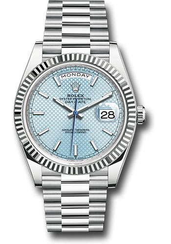Rolex Platinum Day-Date 40 Watch - Fluted Bezel - Ice Blue Diagonal Motif Index Dial - President Bracelet
