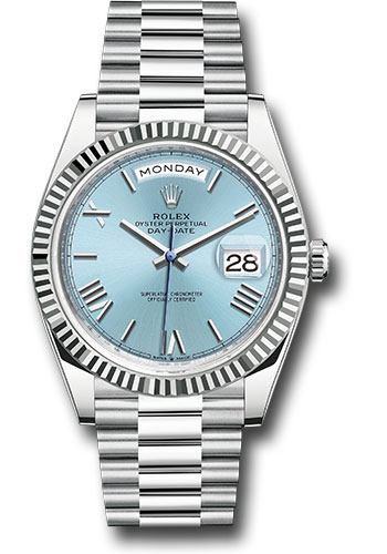 Rolex Platinum Day-Date 40 Watch - Fluted Bezel - Ice Blue Roman Dial - President Bracelet