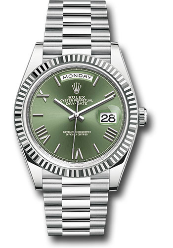 Rolex Platinum Day-Date 40 Watch - Fluted Bezel - Olive Green Roman 6 Dial - President Bracelet