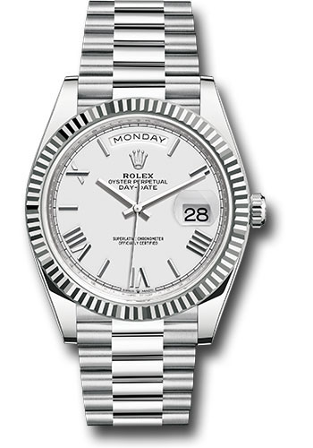 Rolex Platinum Day-Date 40 Watch - Fluted Bezel - White Roman Dial - President Bracelet