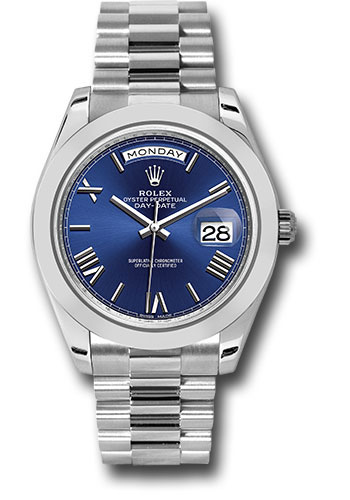 Rolex 950 Platinum Day-Date 40 Watch - Smooth Bezel - Blue Bevelled Roman Dial - President Bracelet