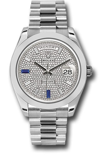 Rolex Platinum Day-Date 40 Watch - Smooth Bezel - Diamond And Sapphire Paved Diamond Dial - President Bracelet