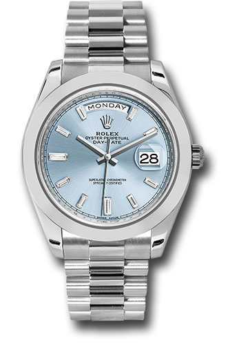 Rolex 950 Platinum Day-Date 40 Watch - Smooth Bezel - Ice Blue Baguette Diamond Dial - President Bracelet