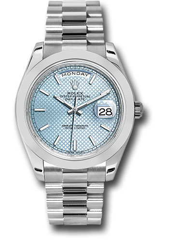 Rolex 950 Platinum Day-Date 40 Watch - Smooth Bezel - Ice Blue Diagonal Motif Index Dial - President Bracelet