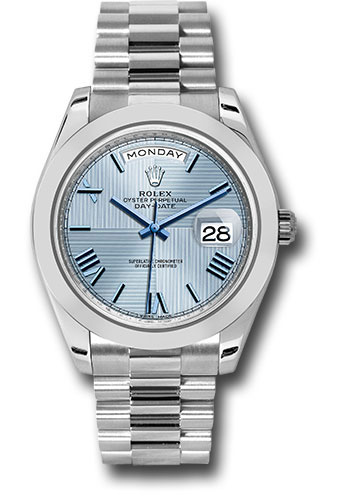Rolex 950 Platinum Day-Date 40 Watch - Smooth Bezel - Ice Blue Quadrant Motif Bevelled Roman Dial - President Bracelet