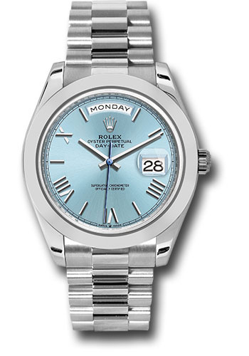 Rolex Platinum Day-Date 40 Watch - Smooth Bezel - Ice Blue Roman Dial - President Bracelet