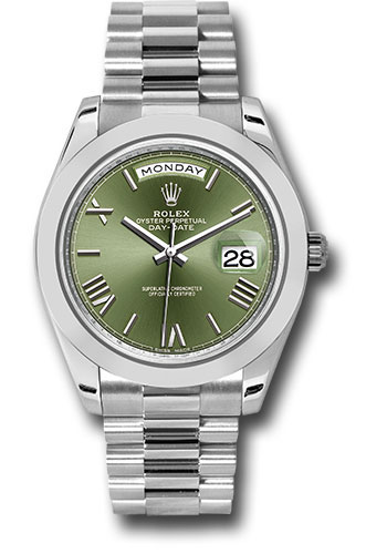 Rolex 950 Platinum Day-Date 40 Watch - Smooth Bezel - Olive Green Bevelled Roman Dial - President Bracelet