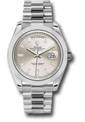 Rolex 950 Platinum Day-Date 40 Watch - Smooth Bezel - Silver Baguette Diamond Dial - President Bracelet