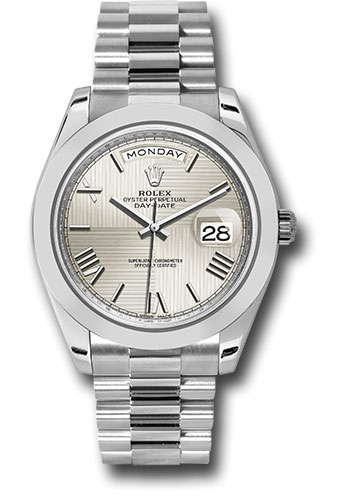 Rolex 950 Platinum Day-Date 40 Watch - Smooth Bezel - Silver Quadrant Motif Bevelled Roman Dial - President Bracelet
