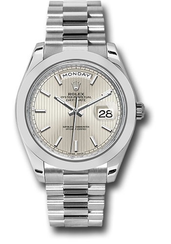 Rolex 950 Platinum Day-Date 40 Watch - Smooth Bezel - Silver Strip Motif Index Dial - President Bracelet